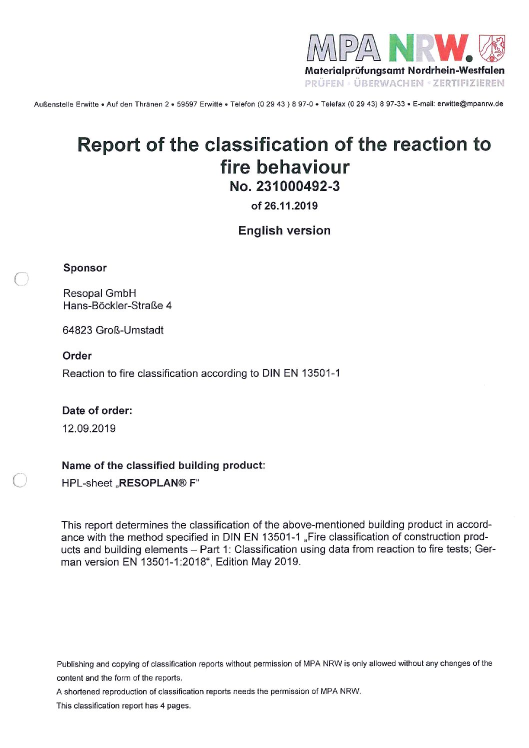 2020.01.15 Classification report EN 13501-1 RESOPLAN F