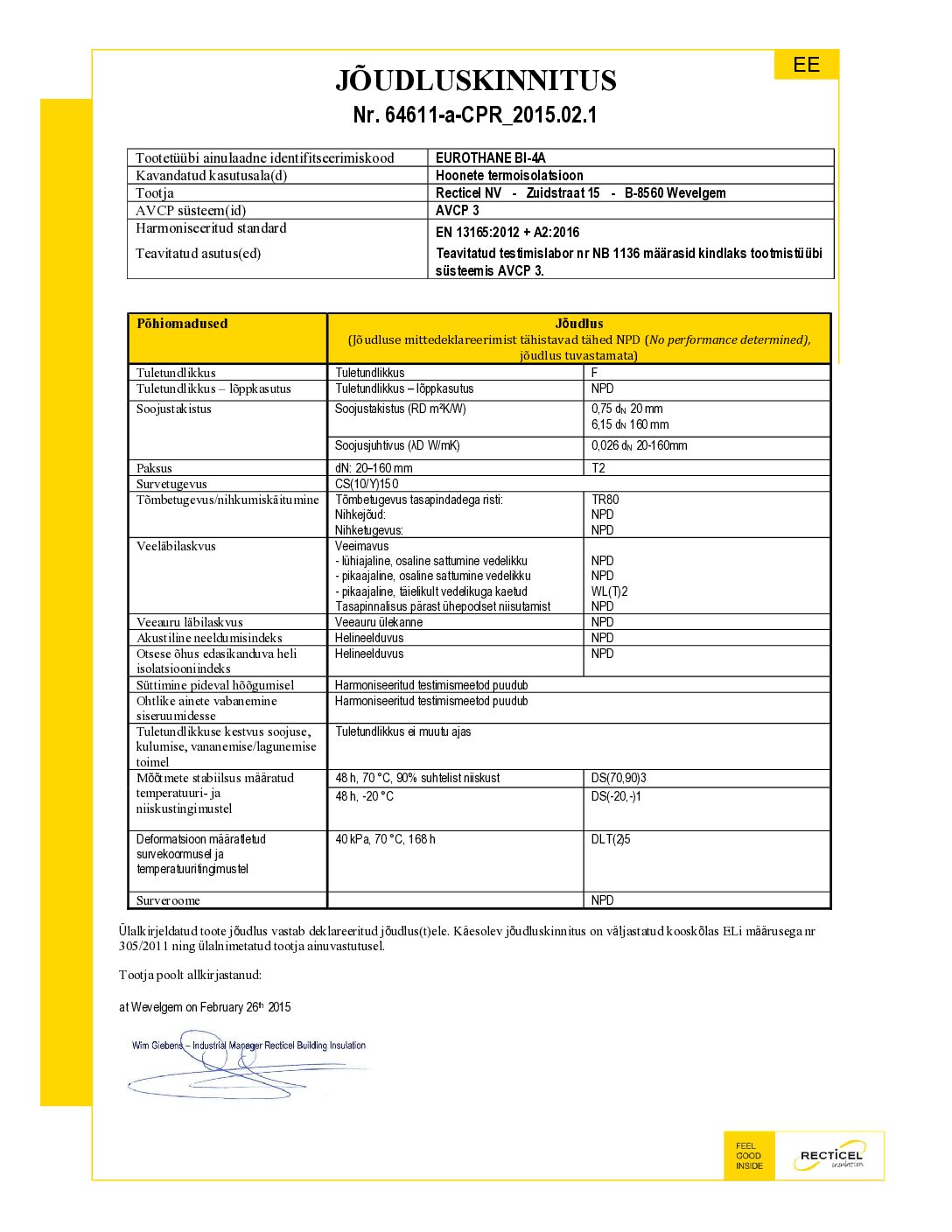 Eurothane Bi-4 A toimivusdeklaratsioon