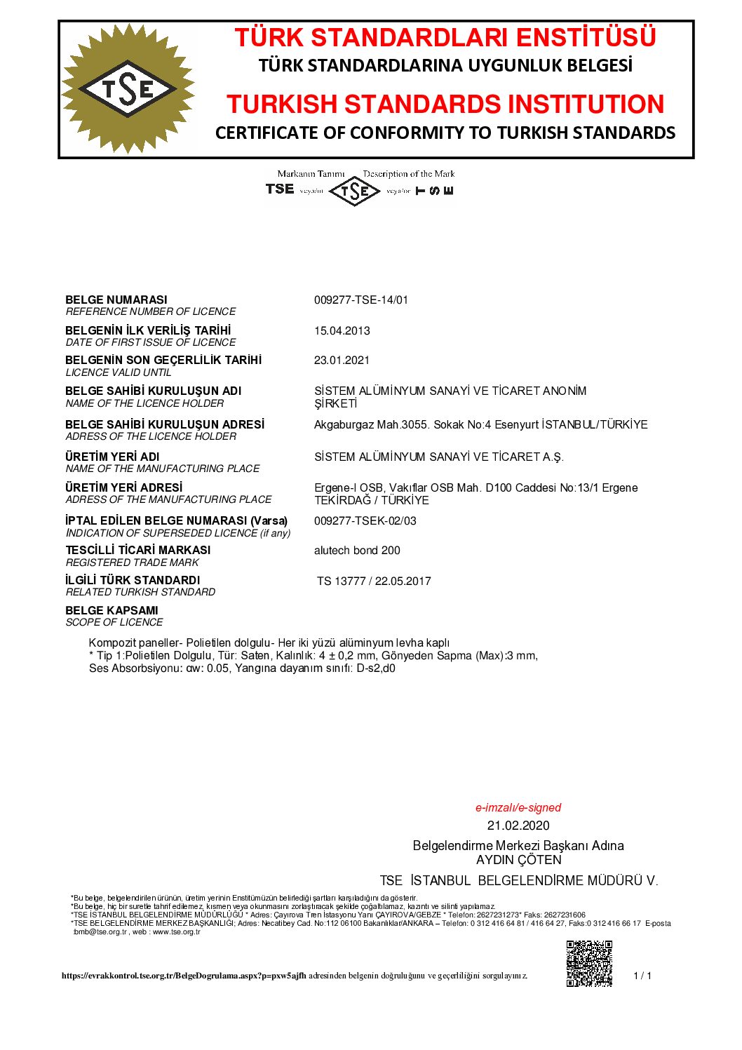 Alutechbond Turkish Standards Institution