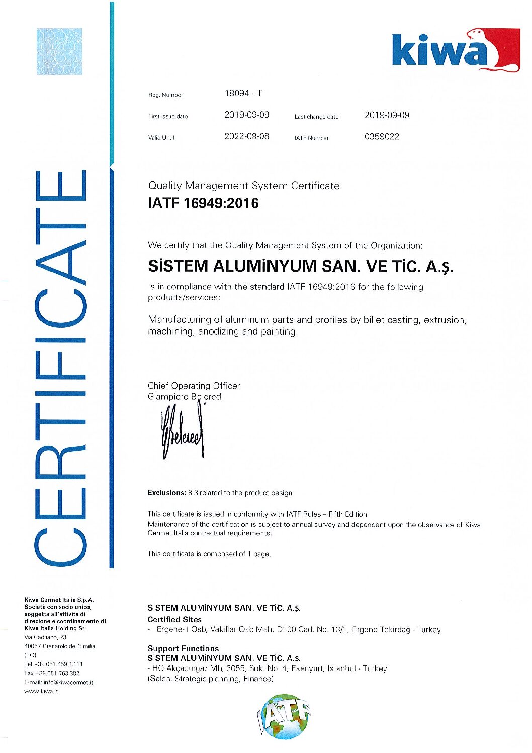 Alutechbond IATF 16949 CERTIFICATE 2019
