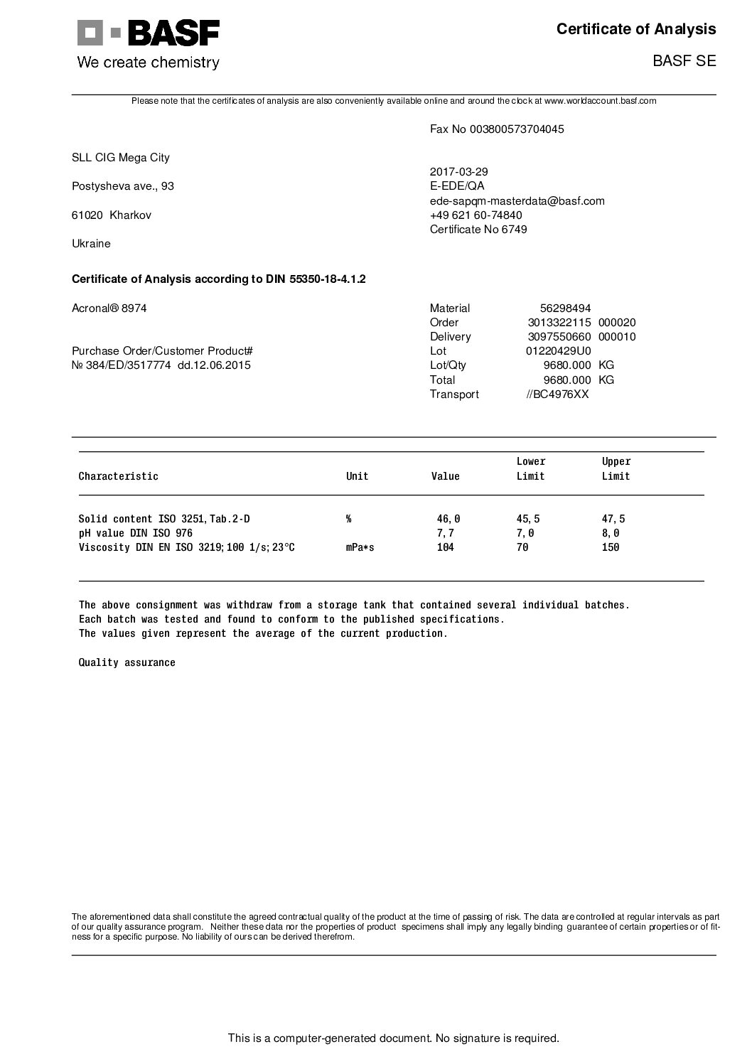 BASF akrüülsideaine sertifikaat EN