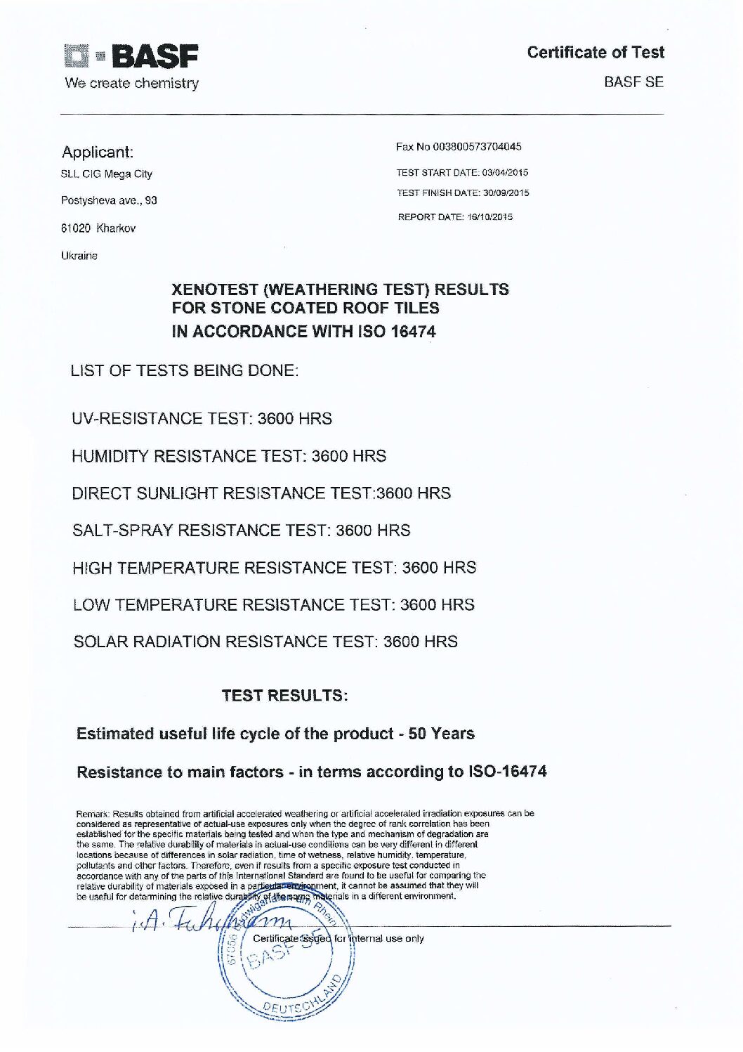 BASF Xenotest ilmastikuolude test sertifikaat EN