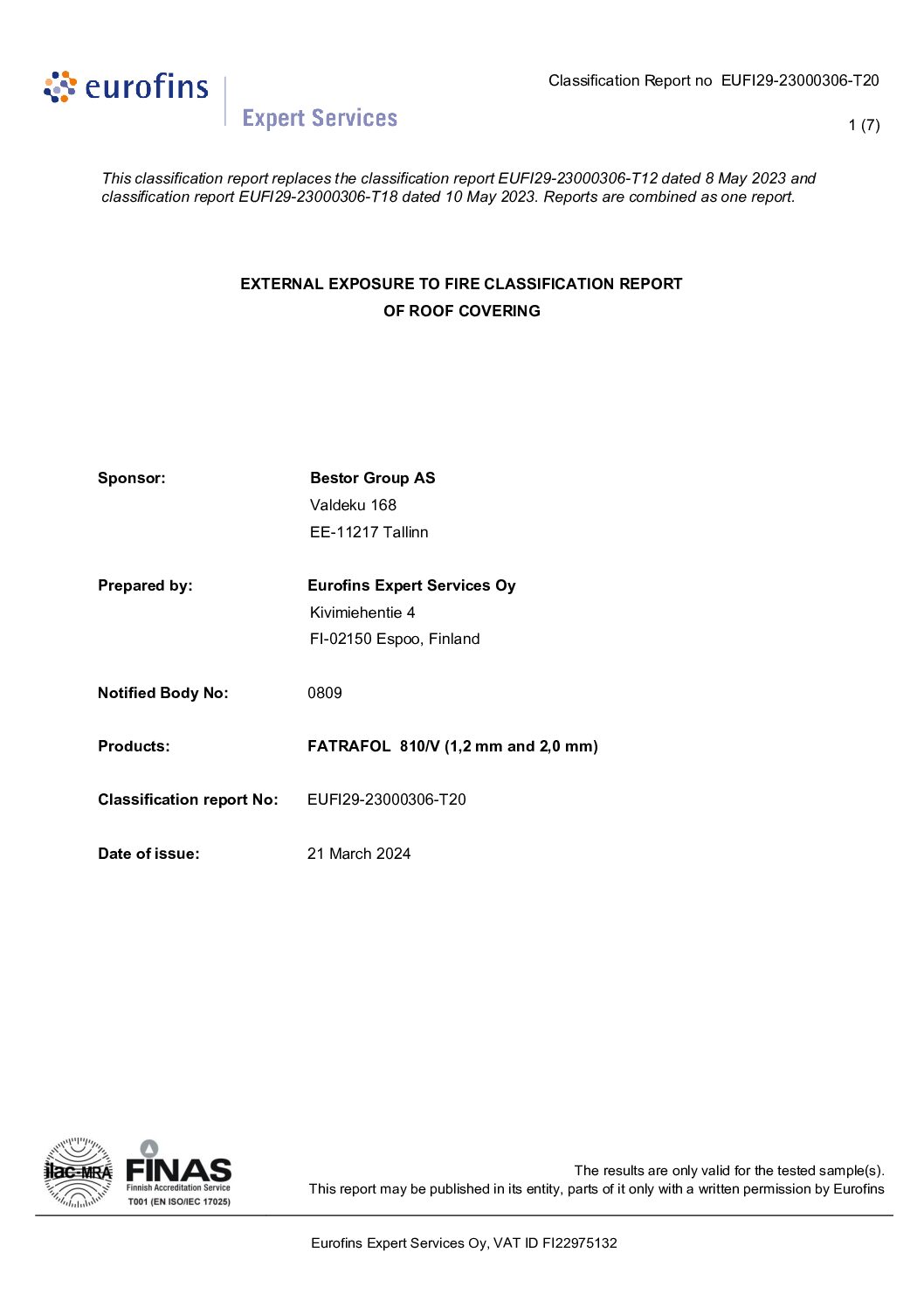 Combined Classification Report, bRoof(T2), Fatrafol 810/V (1.2-2.0mm), EPS