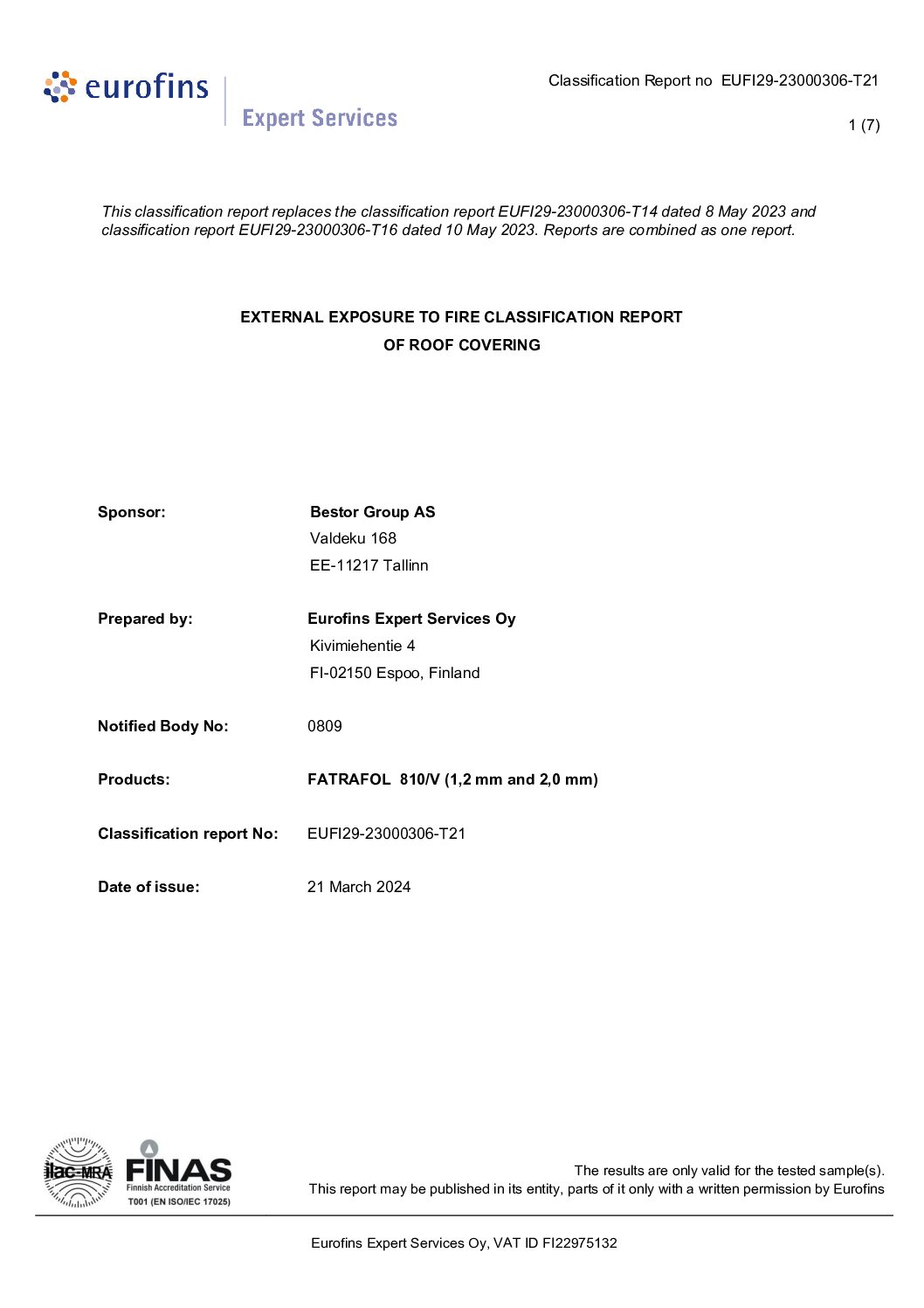 Classification Report, bRoof(T2), Fatrafol 810/V (2.0mm), Mineral wool