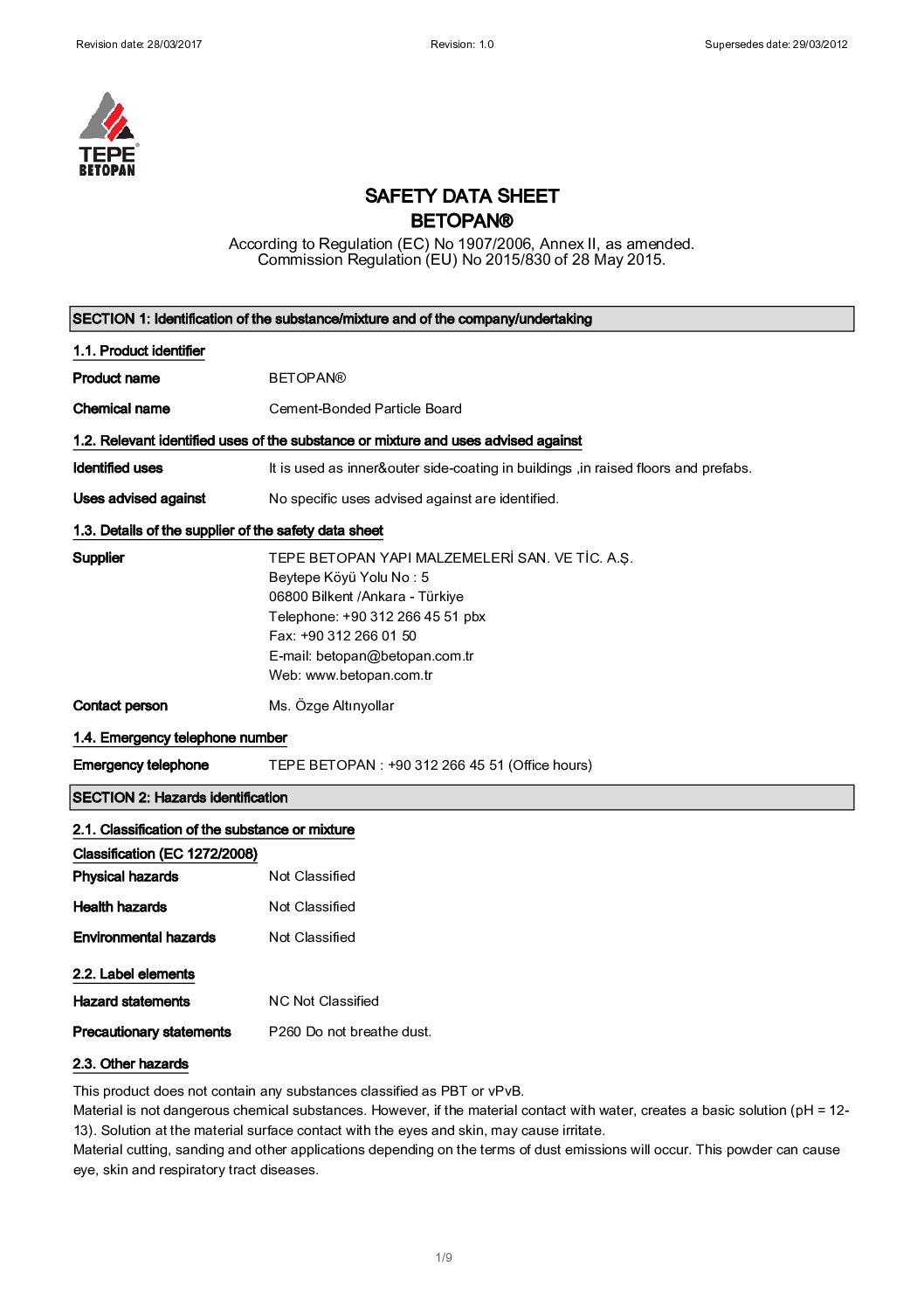 Betopan – MSDS