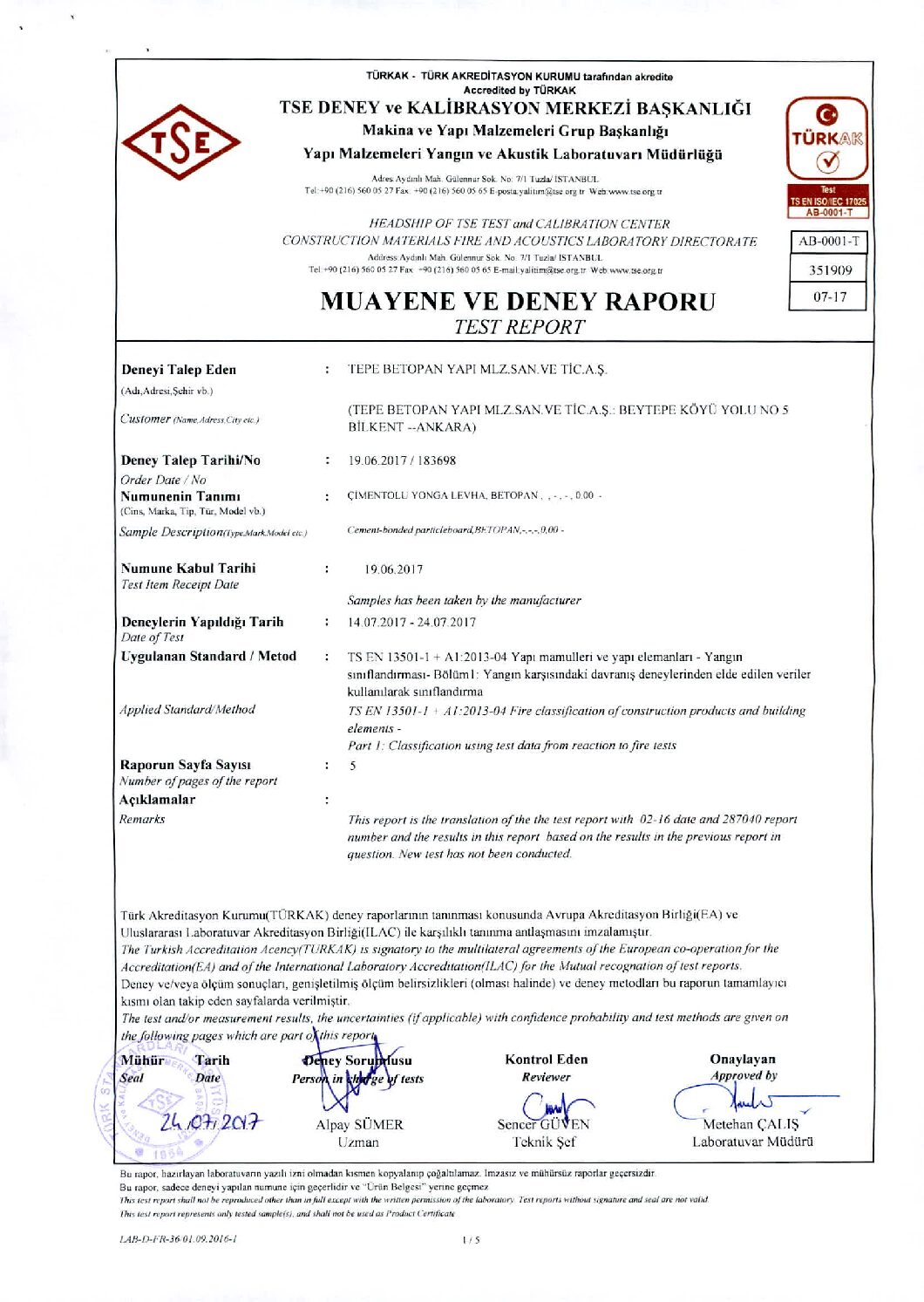 Betopan – Reaction to fire clasification report