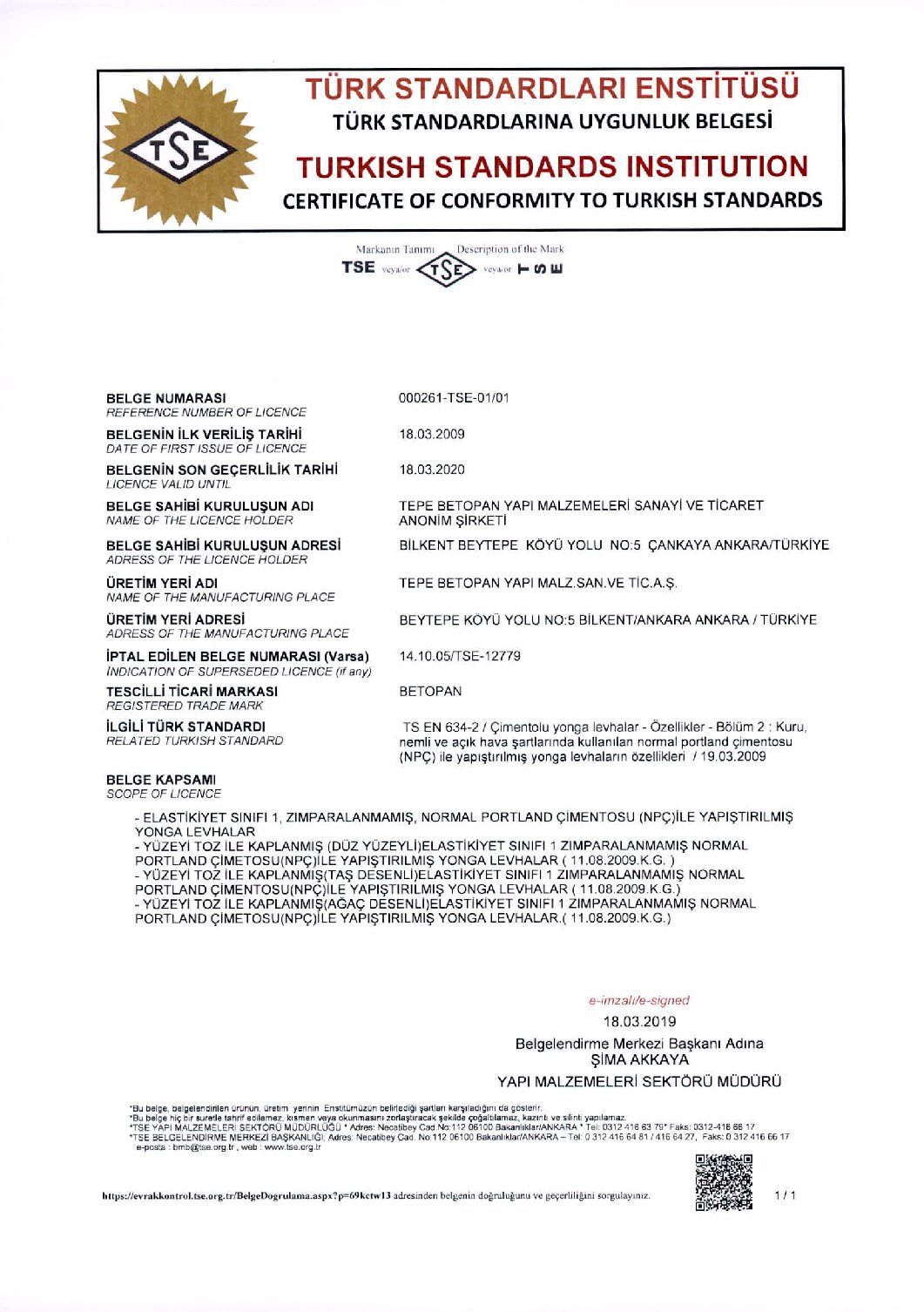 Betopan TSE Certificate