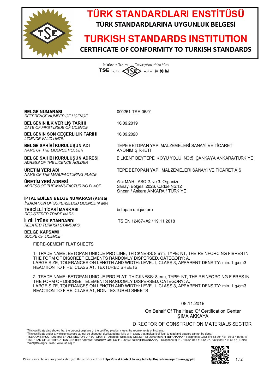 Betopan Unique Pro TSE Certificate