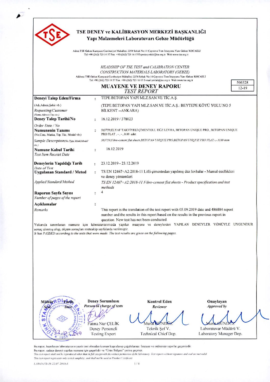 Betopan Unique Pro TSE Inspection and Test Report