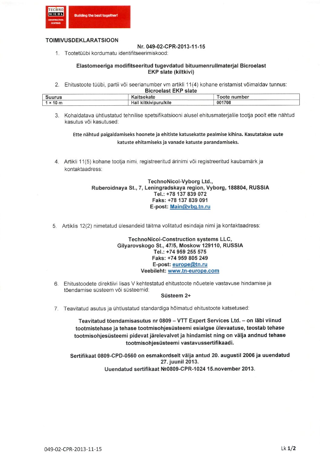 Biсroelast EKP  slate Toimivusdeklaratsioon