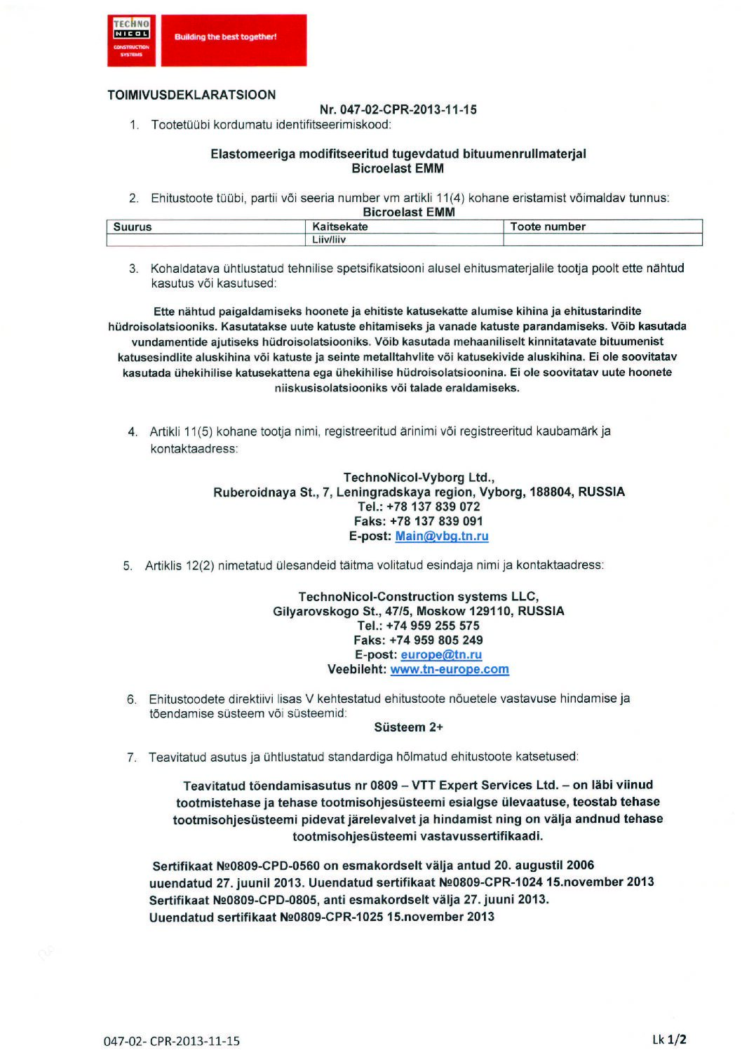 Biсroelast EMM Toimivusdeklaratsioon