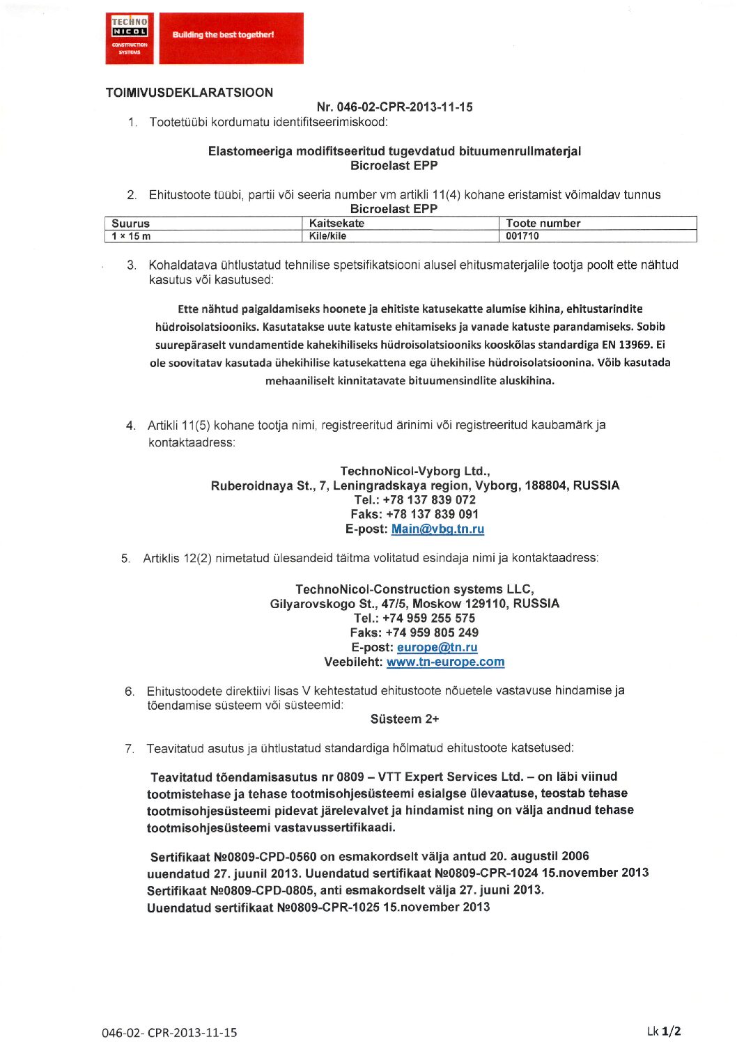 Biсroelast EPP 3.0_Toimivusdeklar