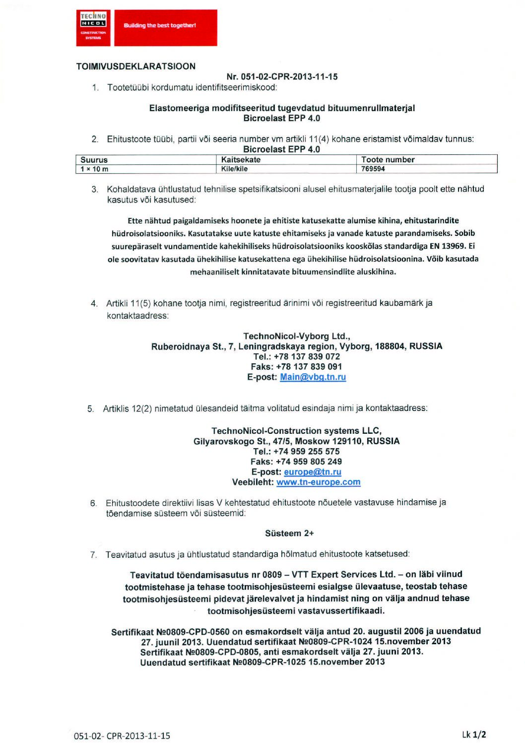 Biсroelast EPP 4.0_Toimivusdeklar