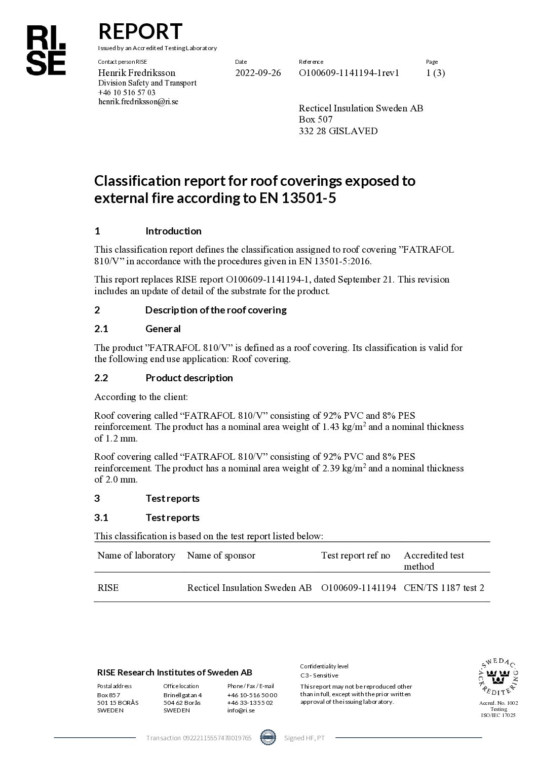 Classification Report, bRoof(T2), Fatrafol 810/V (1.2mm), EPS