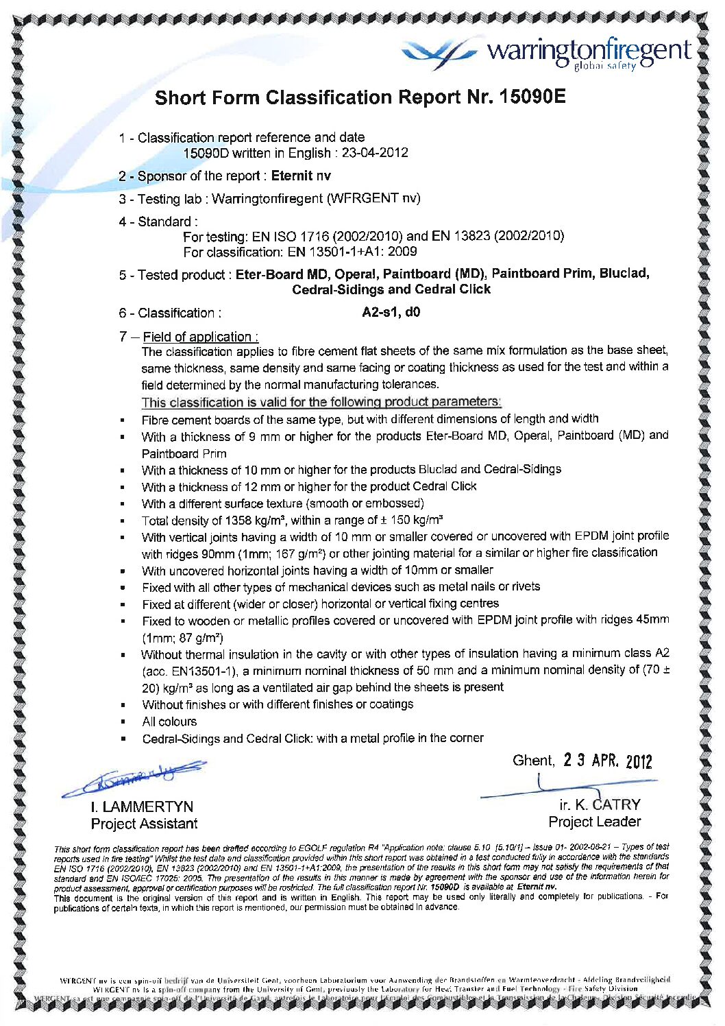 Cedral EN 13501-1 fire report ENG