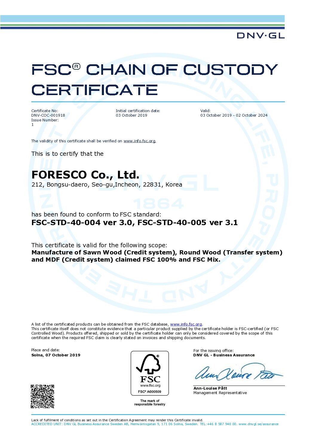 Forescolor Certificate DNV-COC-001918