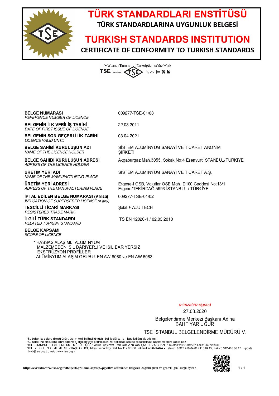 Alutechbond Certificate Turkish Standard