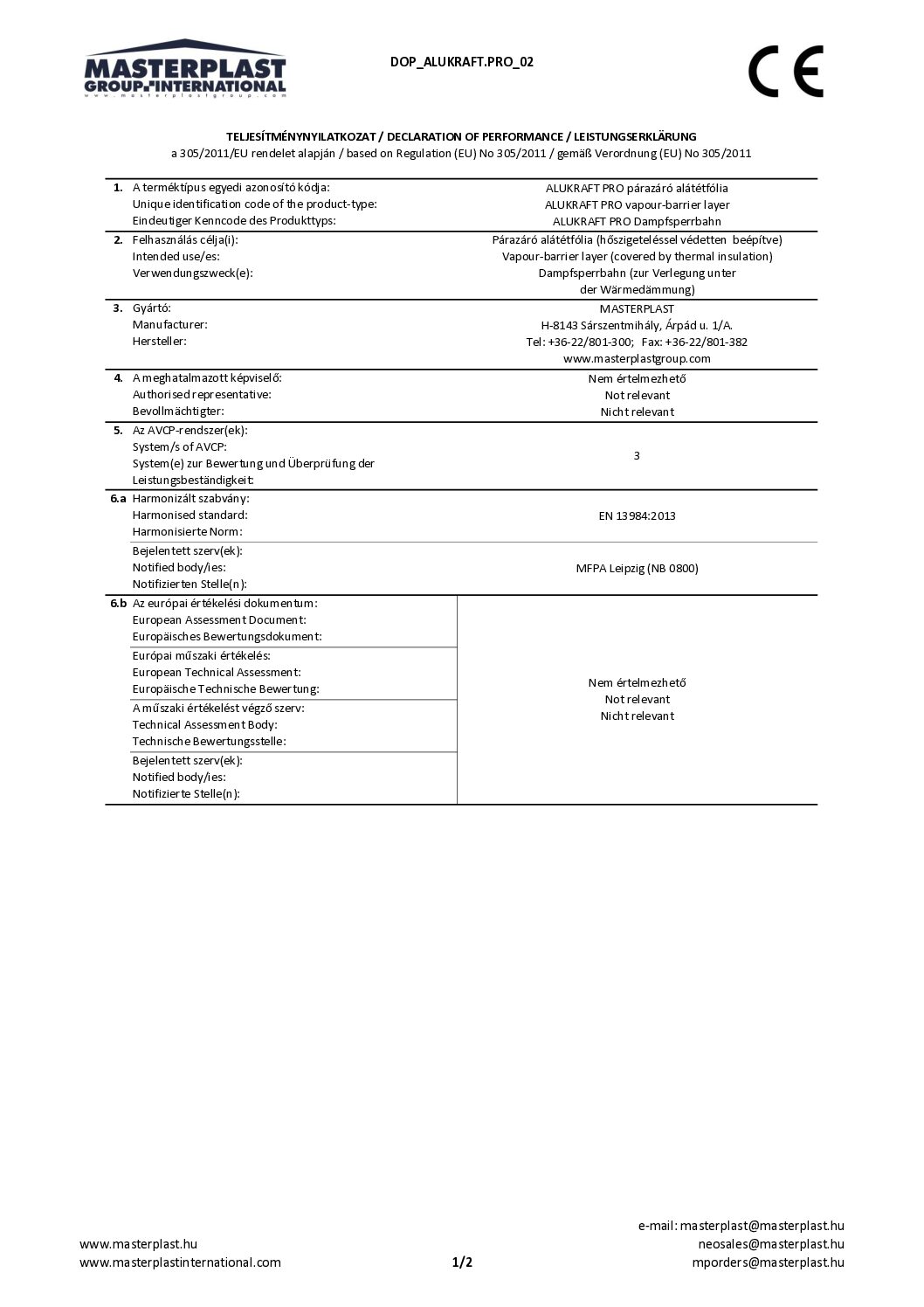 Alukraft Pro Declaration of Performance EN