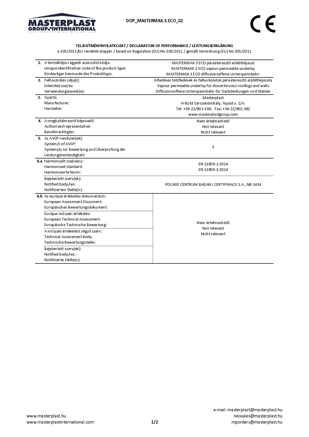 Mastermax 3 Eco Declaration of Performance EN