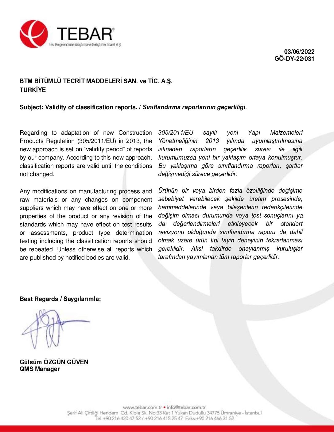 BTM Elastobit PE 5 M Validity of classification reports