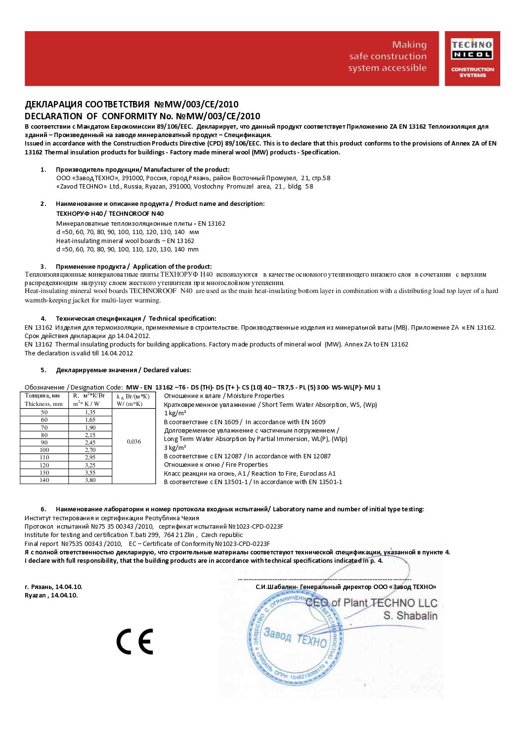 Declaration of Conformity Technoroof N40