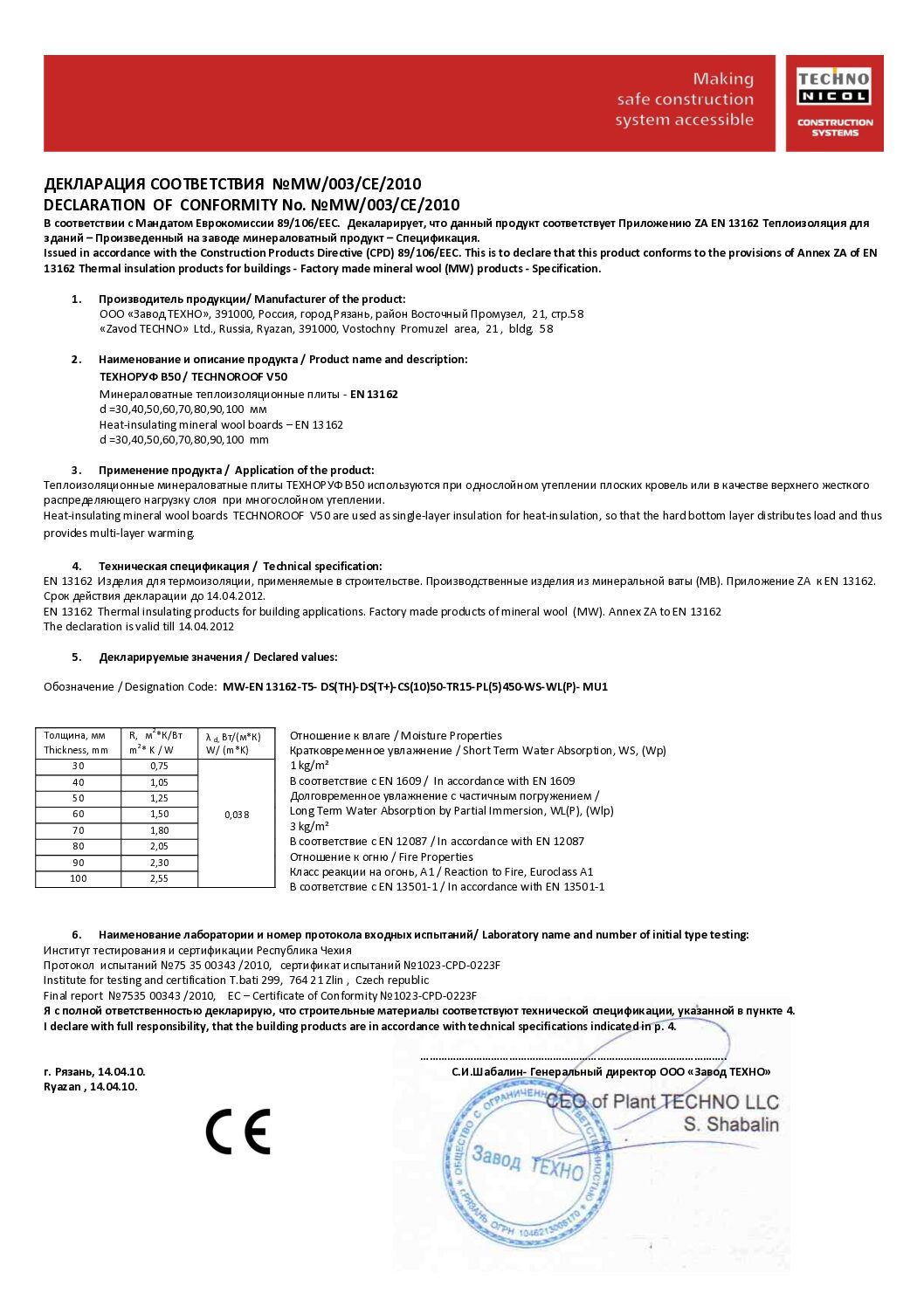 Declaration of Conformity Technoroof V50