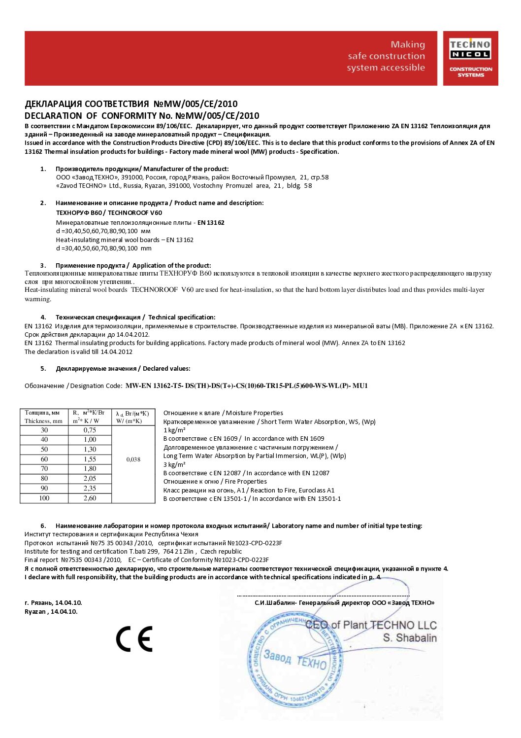 Declaration of Conformity Technoroof V60
