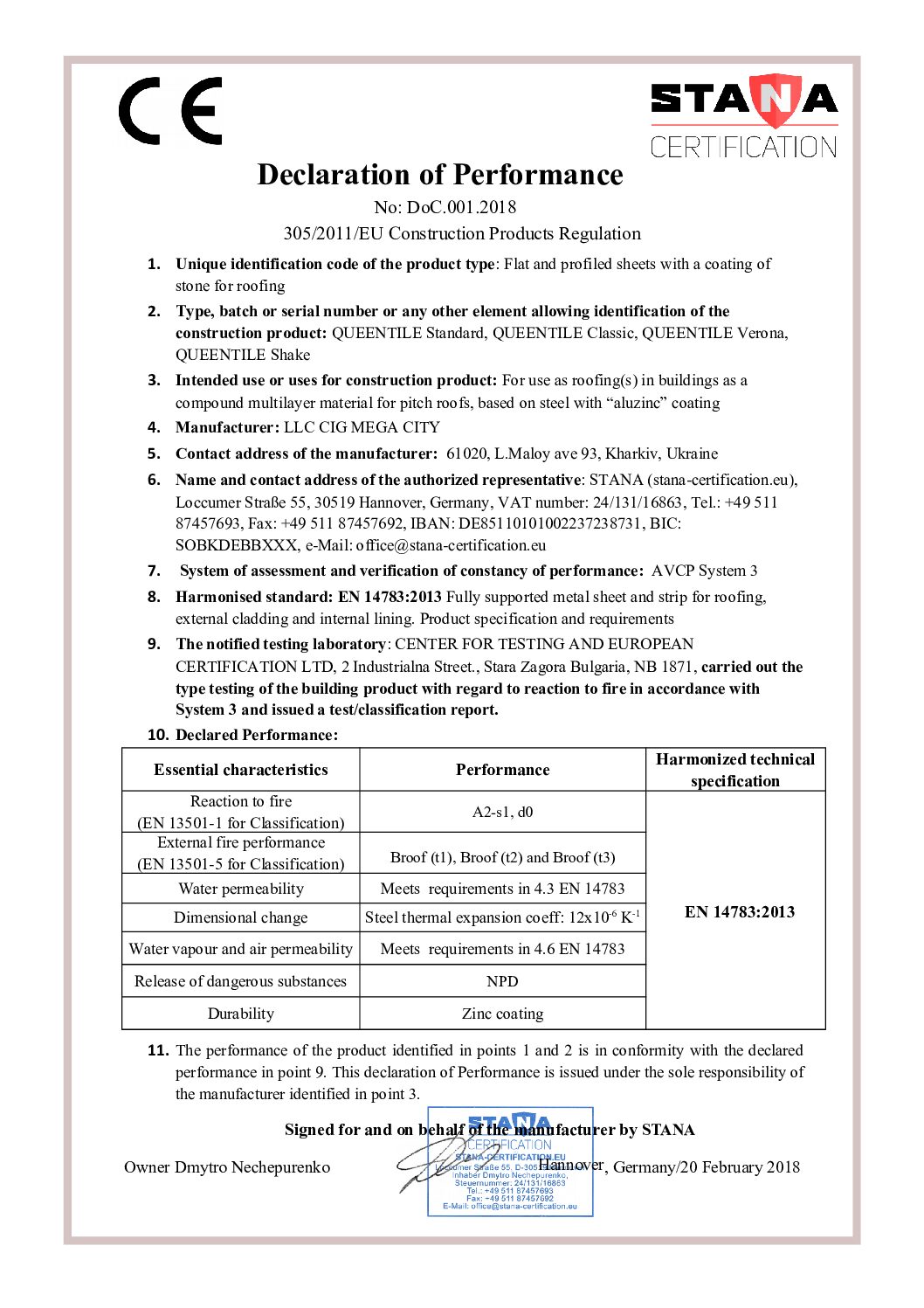 Queentile Declaration of Performance EN