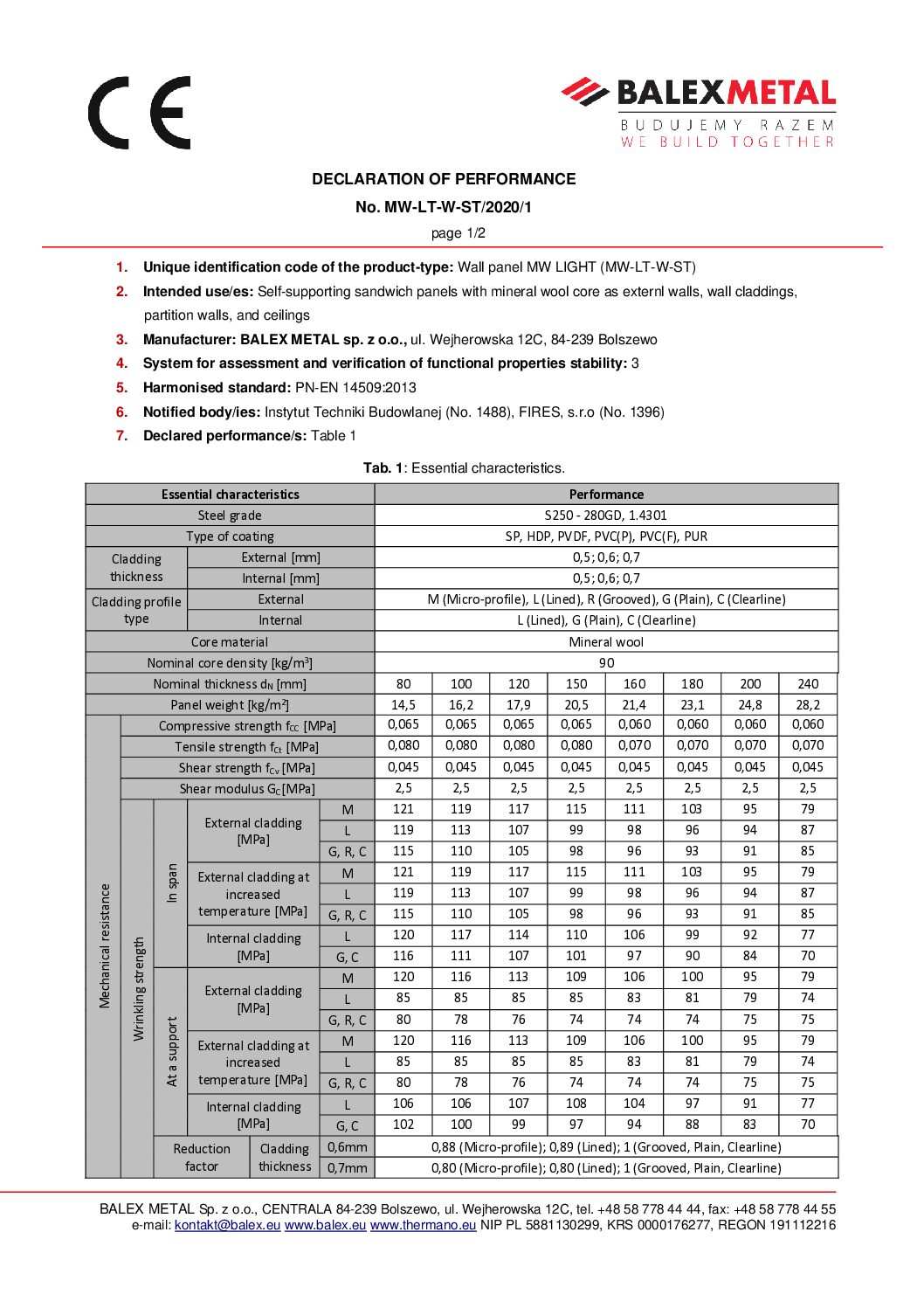 Declaration of Performance: MW-LT-W-ST LIGHT sandwich panel (EN)