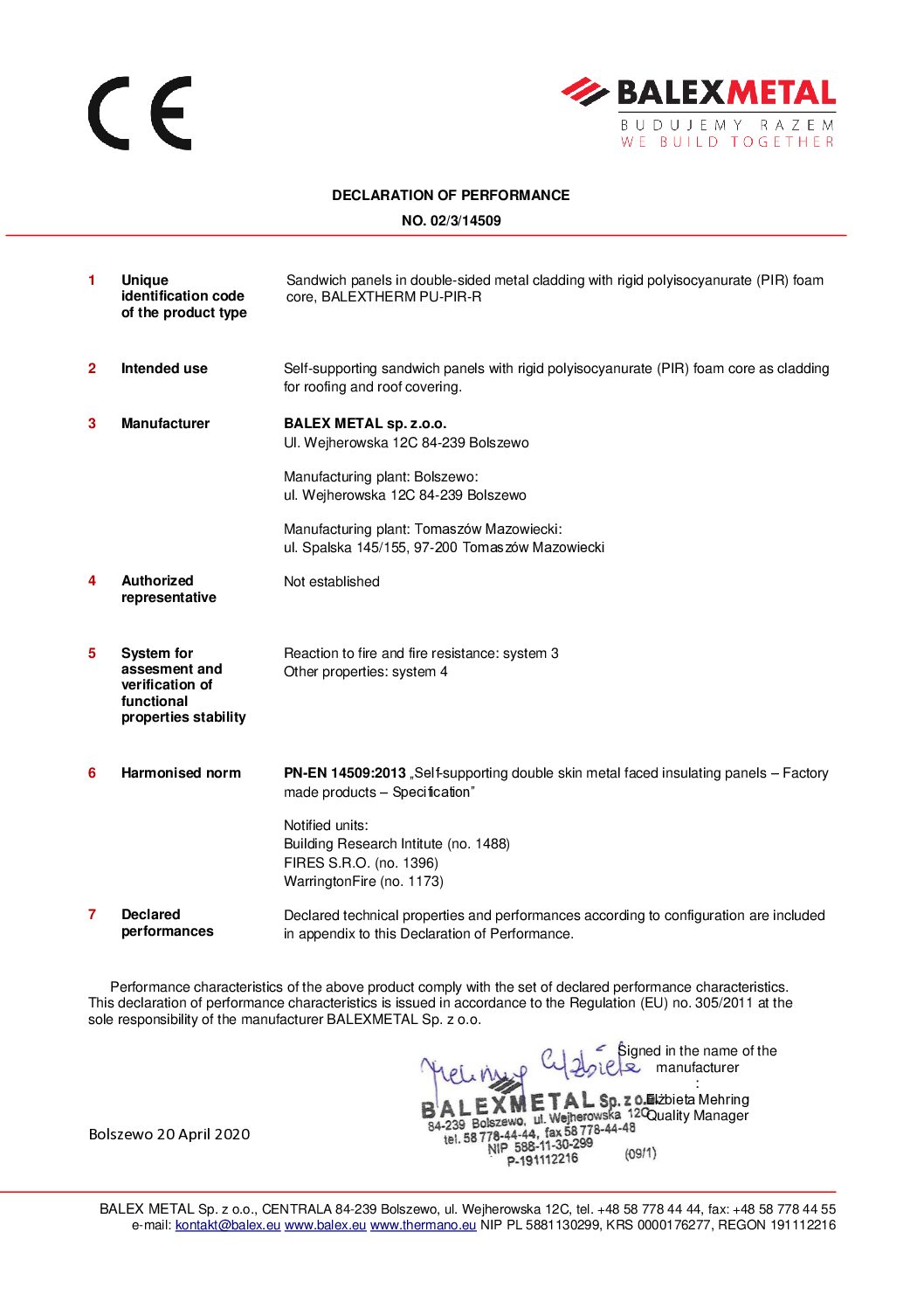 Declaration of Performance PIR PU-R sandwich panel EN