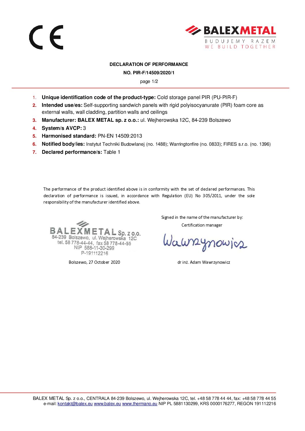 Declaration of Performance PU-PIR-F (EN)