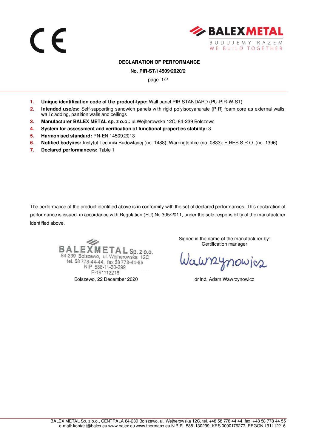 Declaration of Performance PU-PIR-W-ST EN