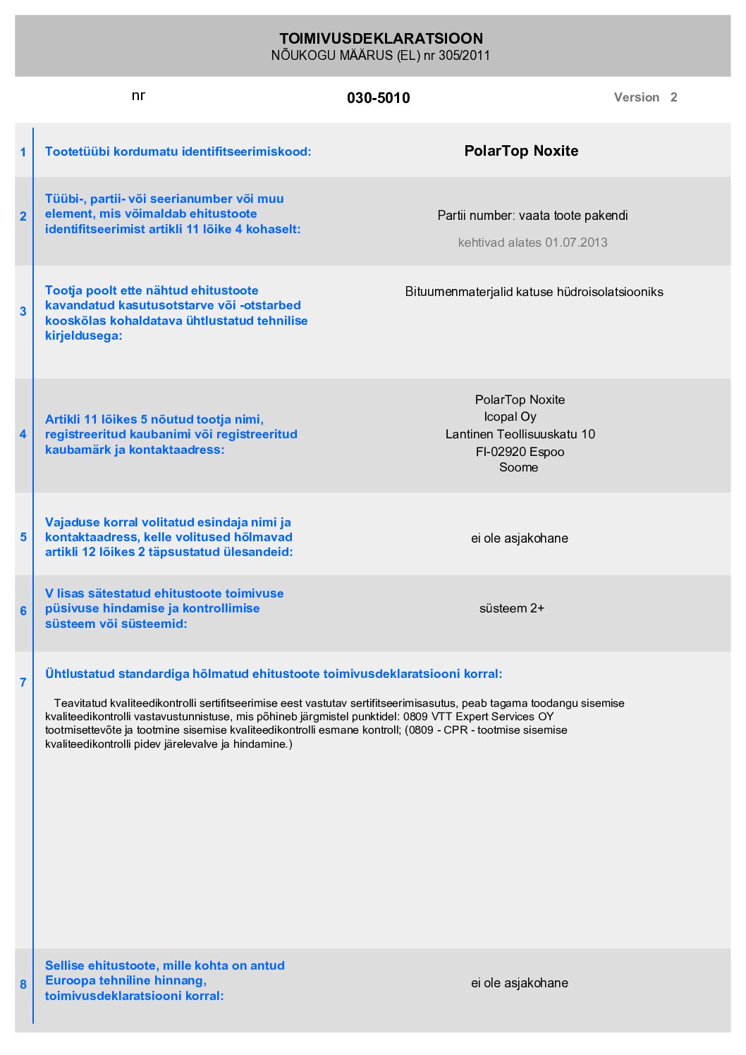 DoP Icopal Polar Top Noxite EST