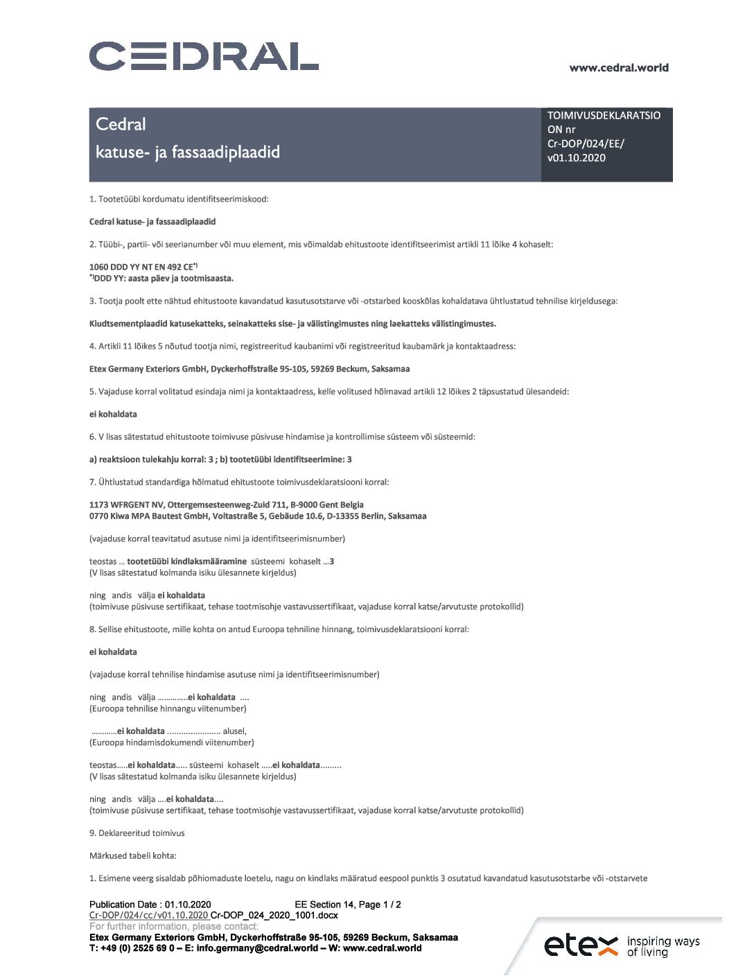 Cedral Slates toimivusdeklaratsioon EE