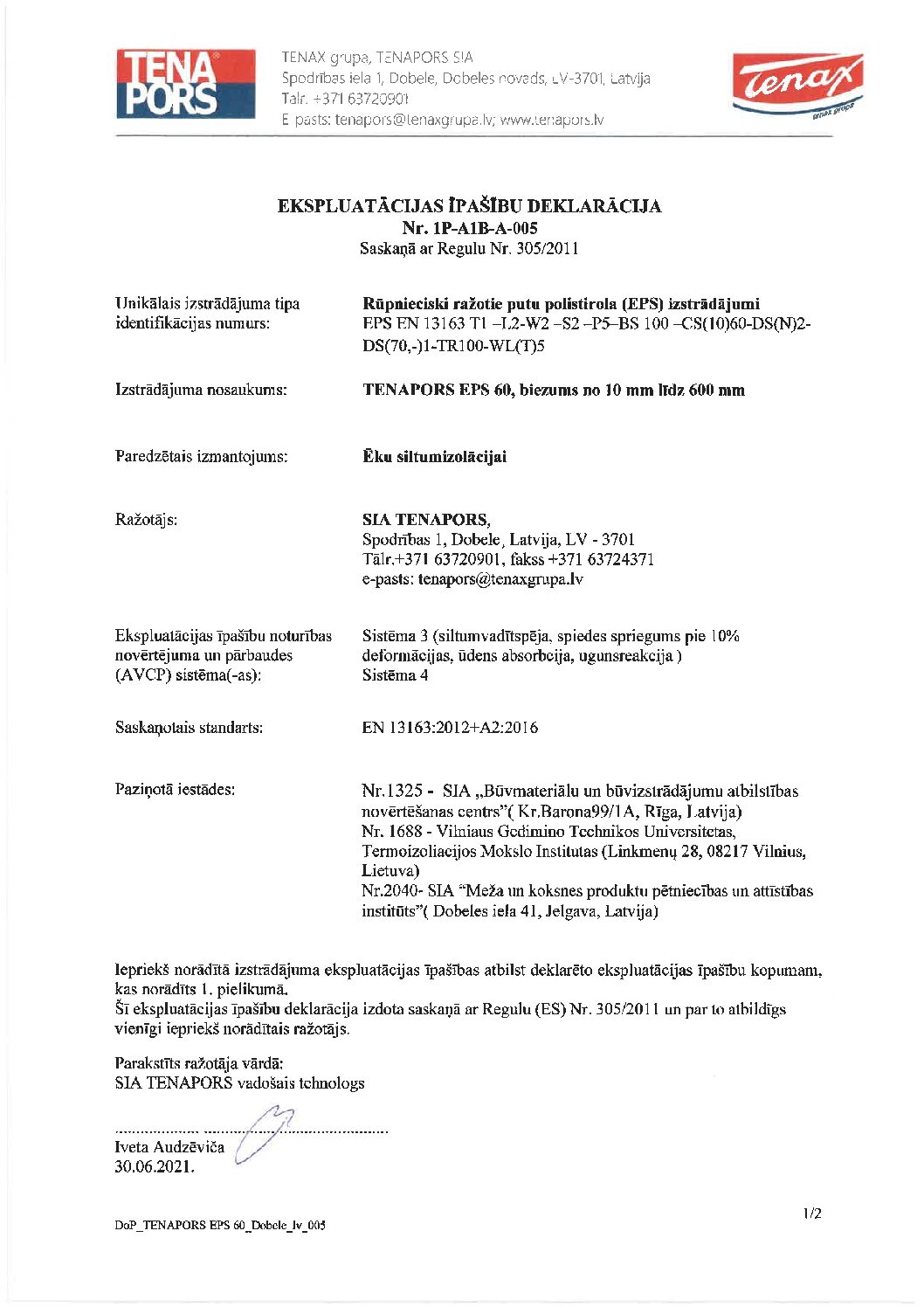 Tenapors EPS 60 toimivusdeklaratsioon LV
