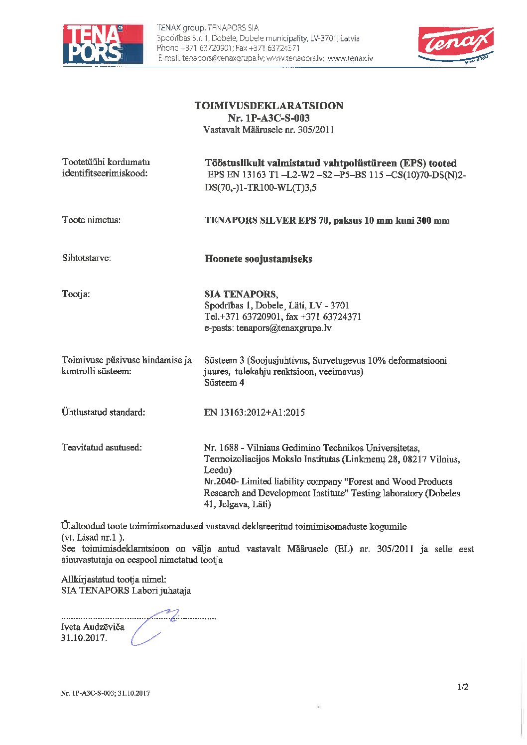 Tenapors Silver EPS 70 toimivusdeklaratsioon LV