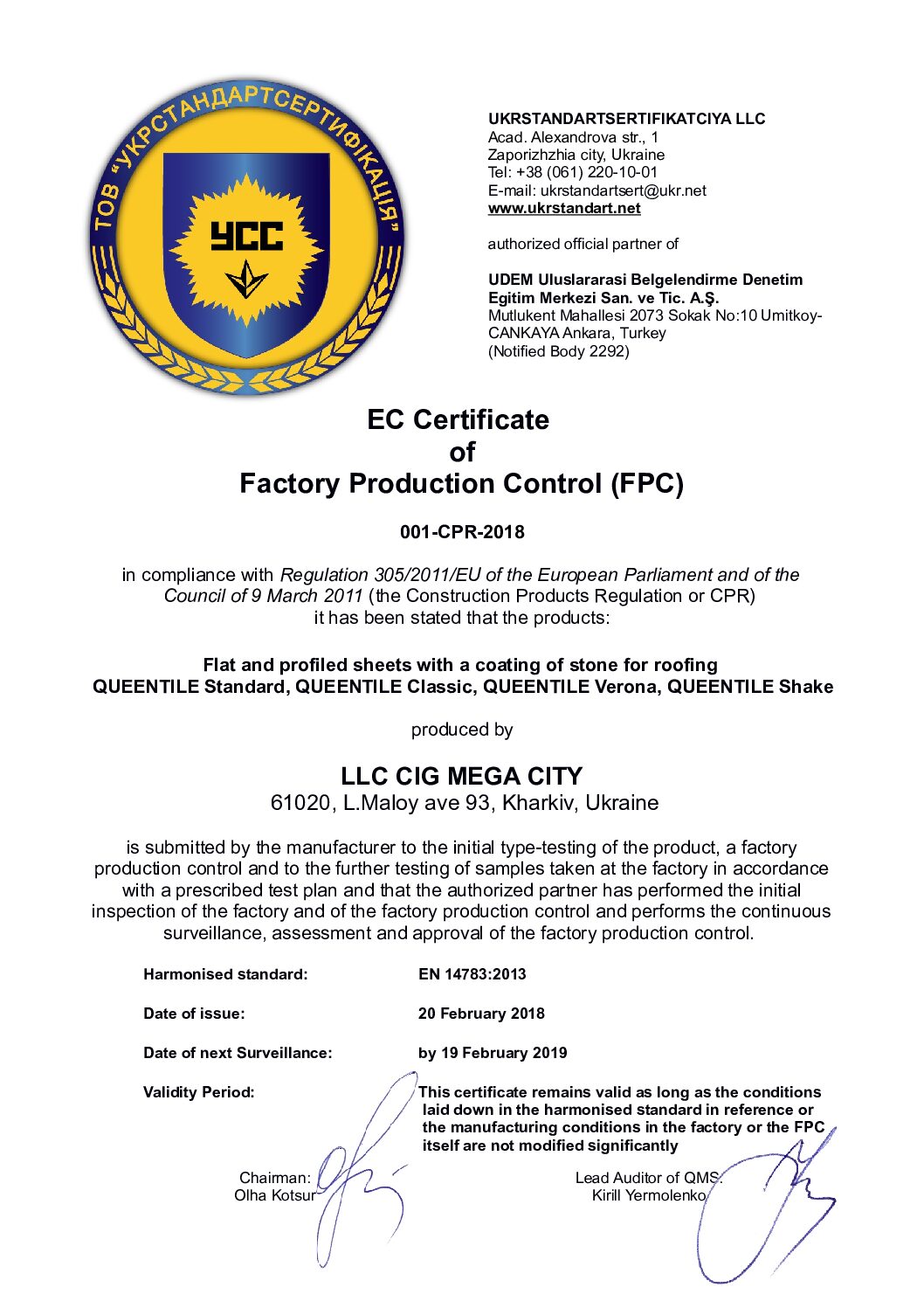 EC tootmise kontrolli sertifikaat EN