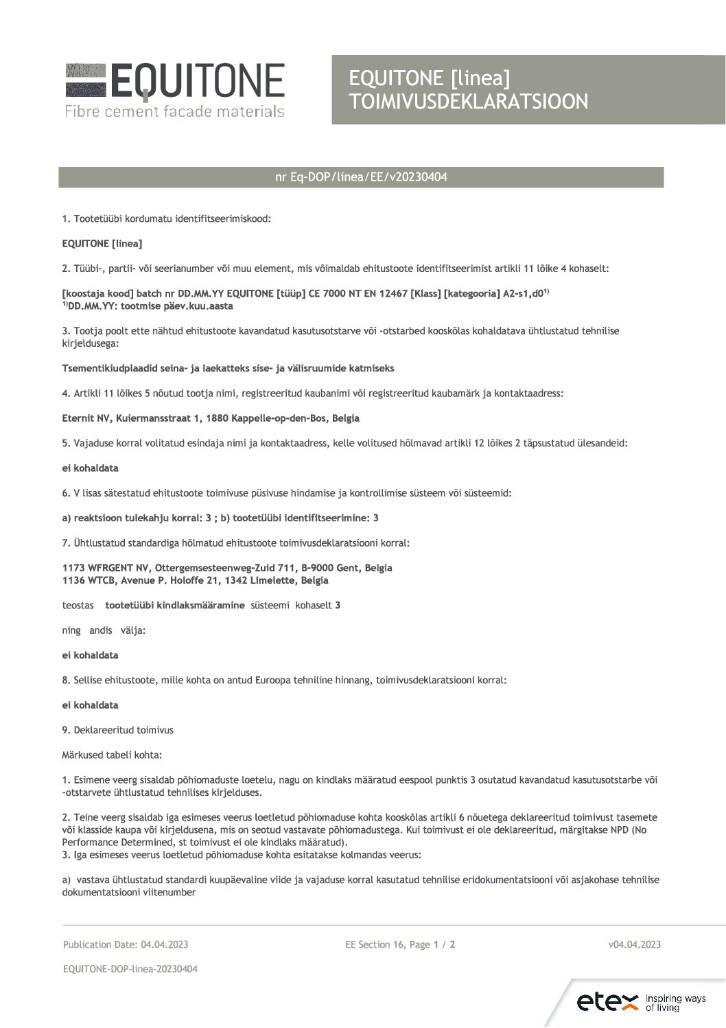 Equitone Linea toimivusdeklaratsioon