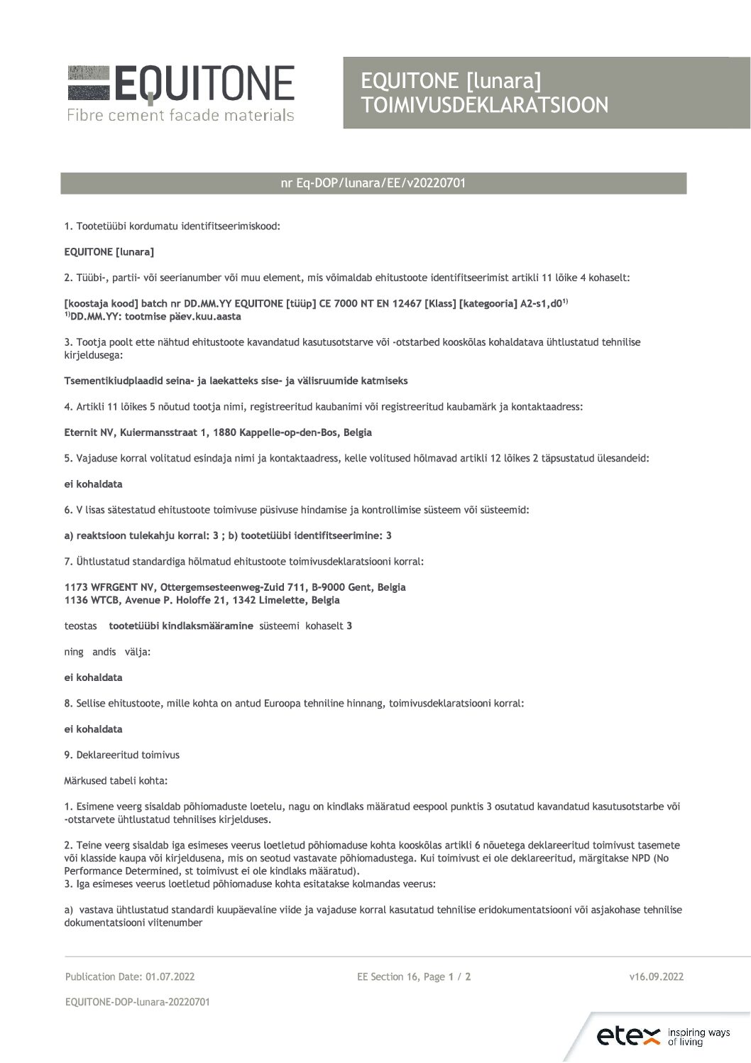 Equitone Lunara toimivusdeklaratsioon