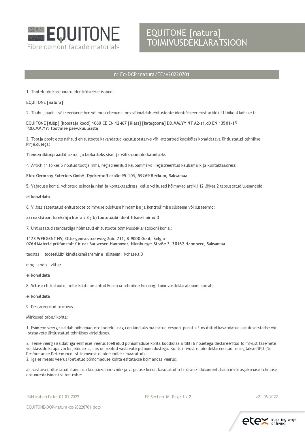 Equitone Natura toimivusdeklaratsioon