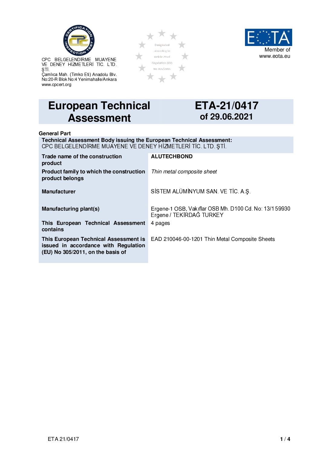 Alutechbond 100-A2/200-A2 European Technical Assessment ENG