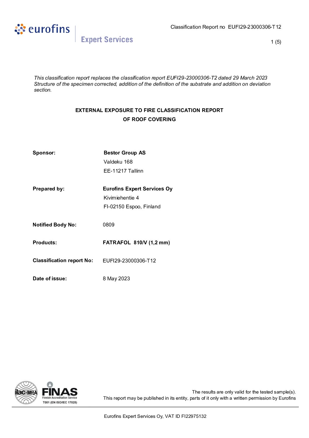 Classification Report, bRoof(T2), Fatrafol 810/V (2.0mm), EPS
