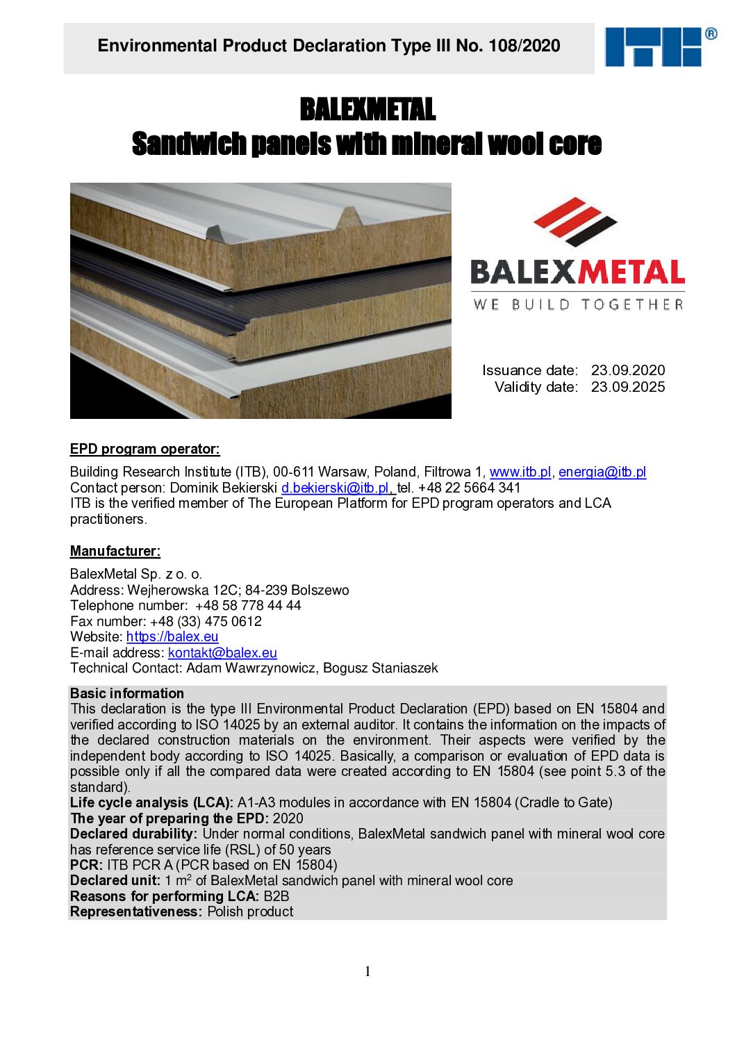 Environmental Product Declaration (EPD): mineral wool core sandwich panel (EN)