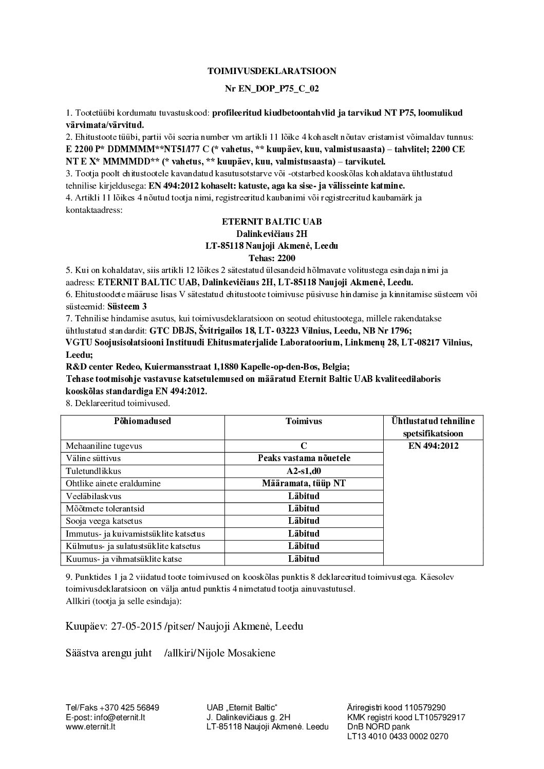 Eternit Gotika/Villa toimivusdeklaratsioon (P75)
