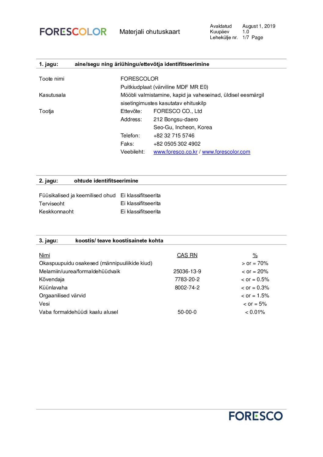 FORESCOLOR materjali ohutuse andmeleht ENG