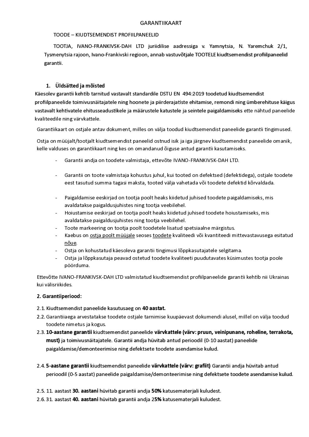 Fibrodah garantiikaart