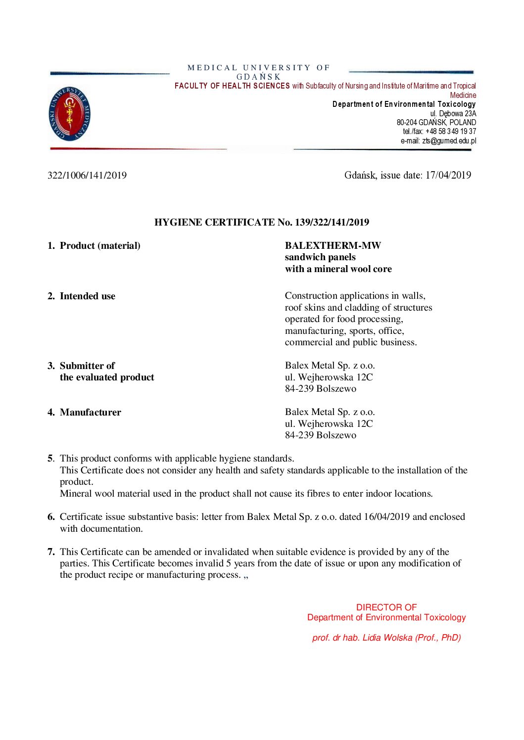 MW Hygiene Certificate mineral wool core sandwich panel (EN)