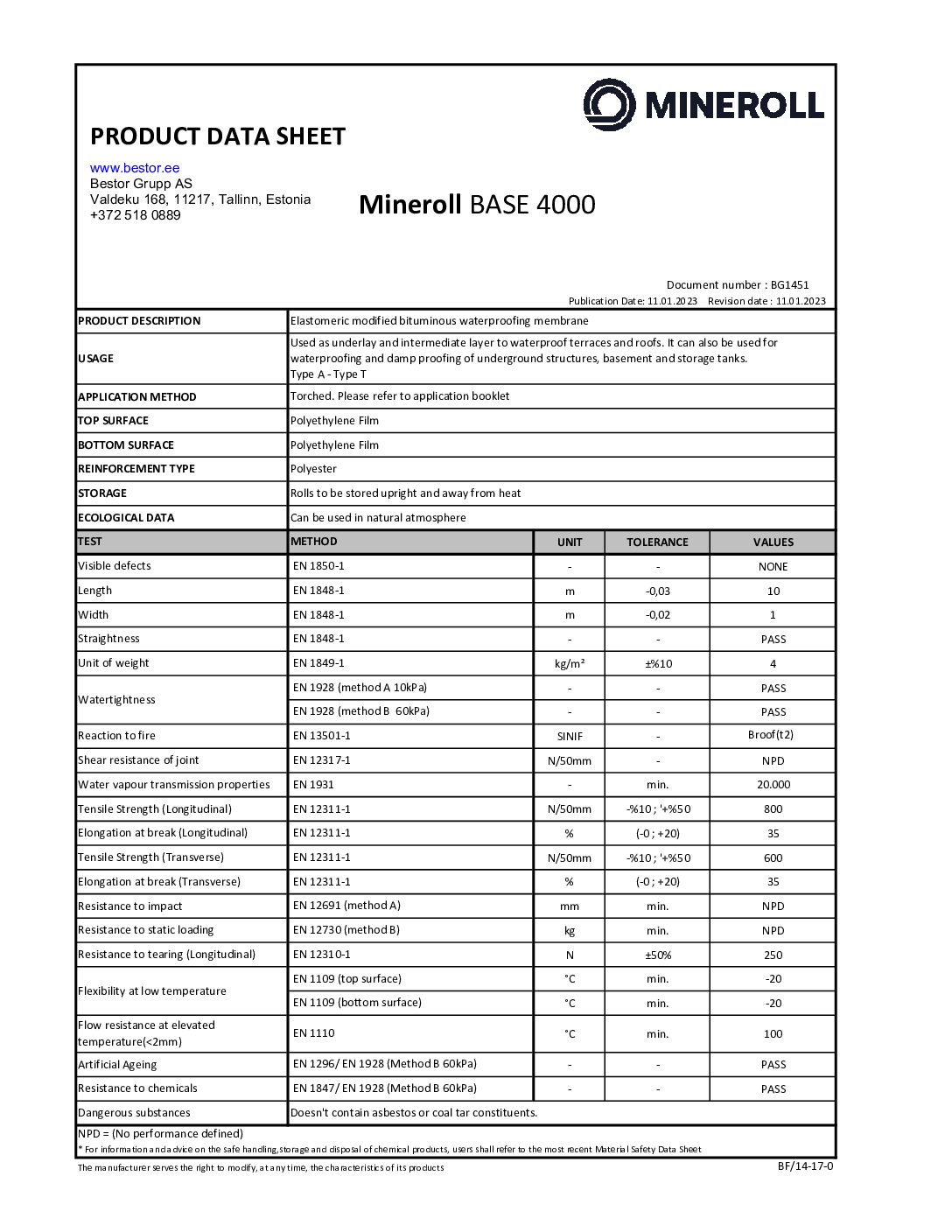 Mineroll Base 4000 technical data sheet ENG