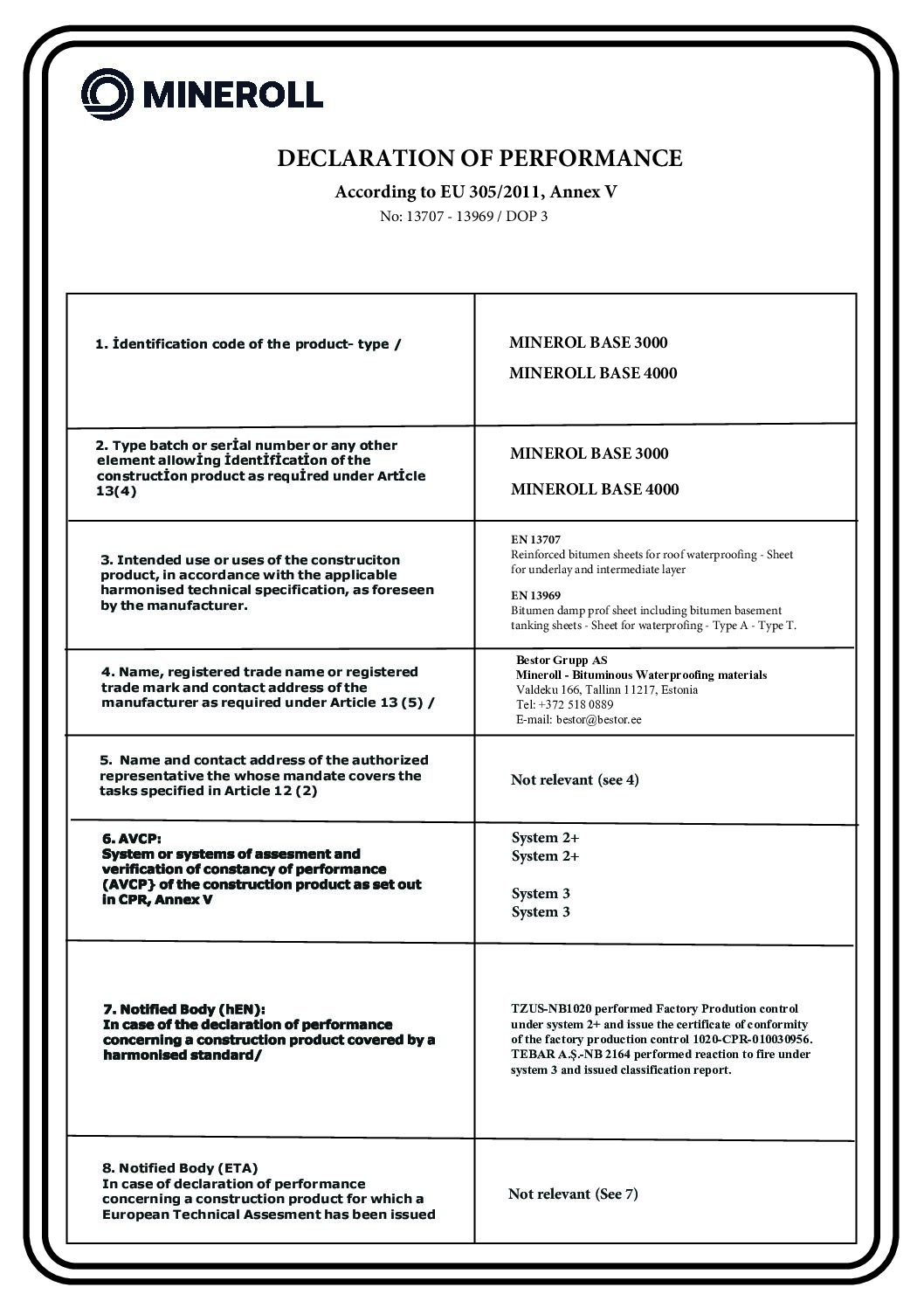 Mineroll BASE Declaration of Performance ENG