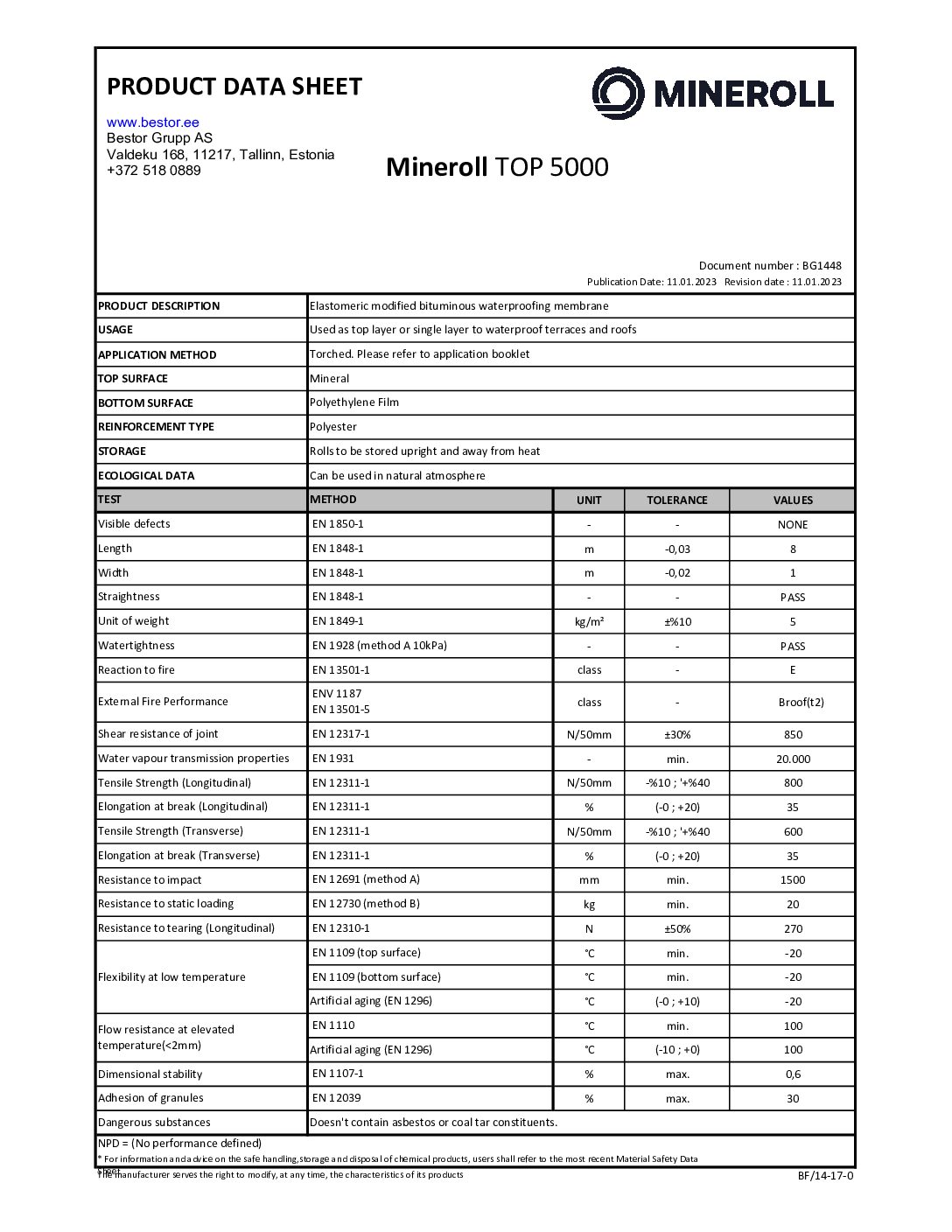 Mineroll TOP 5000 technical data sheet ENG